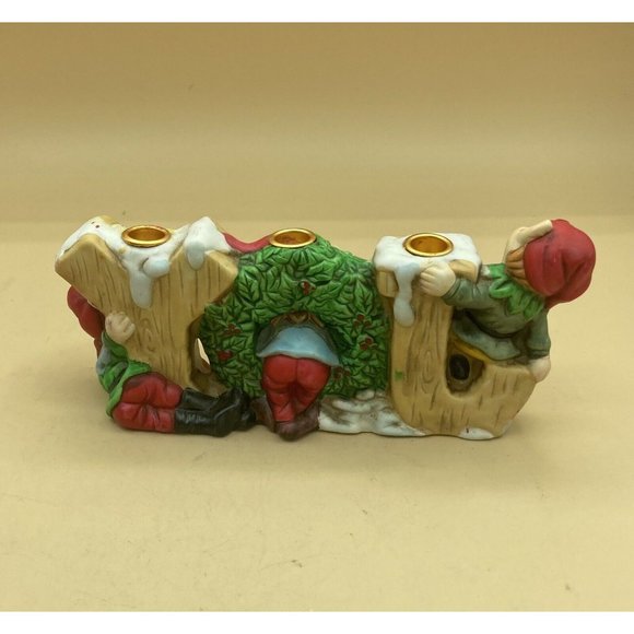 Robel Hall Ceramic JOY Christmas 3 Elves Pixies Candle Holder Vintage - Picture 6 of 10